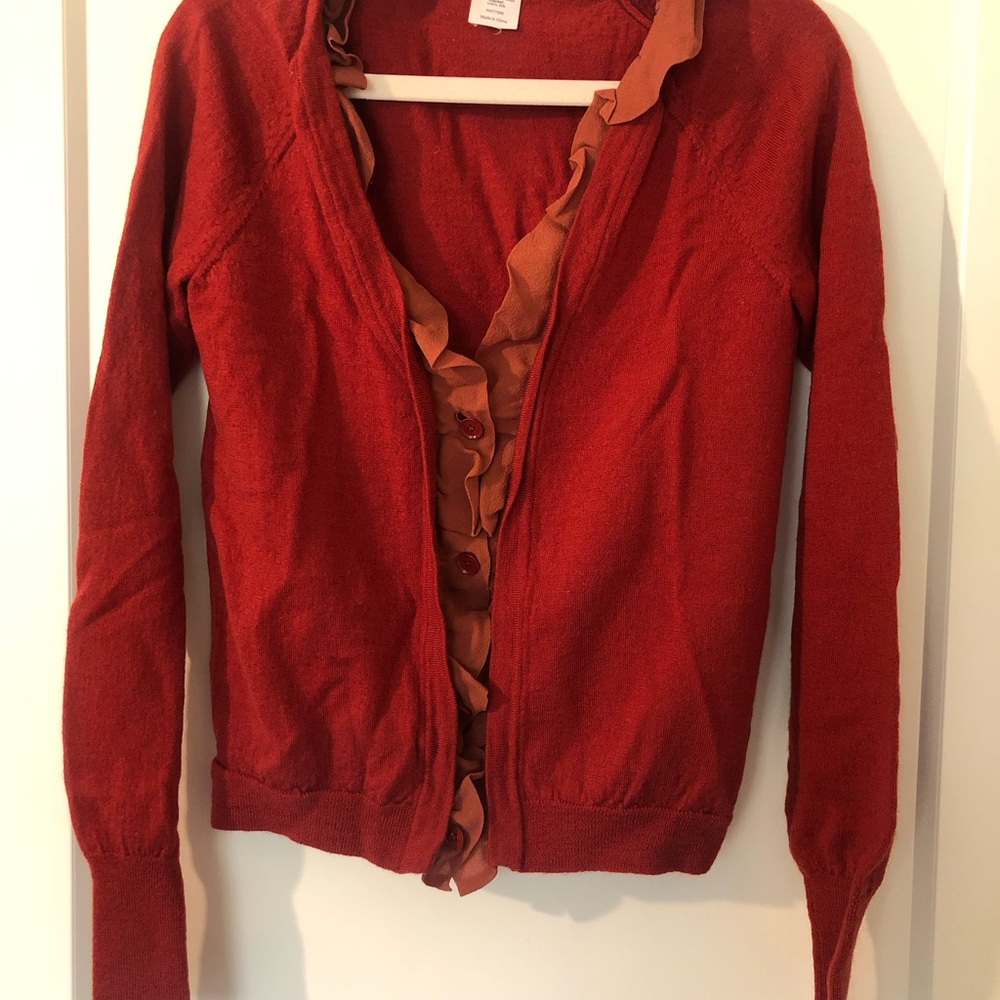 J Crew red Ruffled Cardigan - Picture 5 of 6